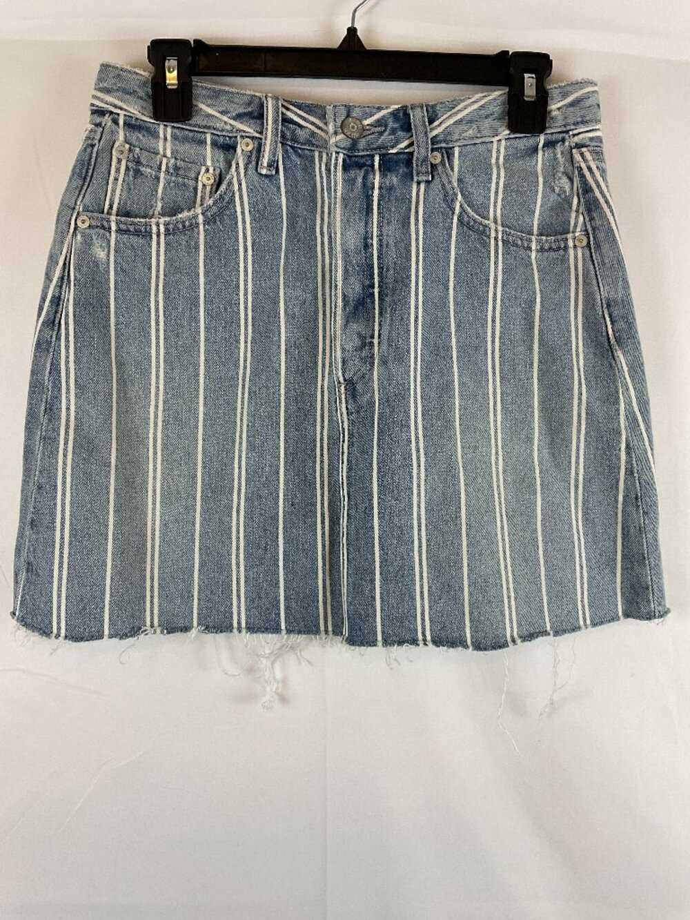 Boyish by Her Denim Corey Skirt 27 Blue White Stripe Raw Hem Short Button Fly
